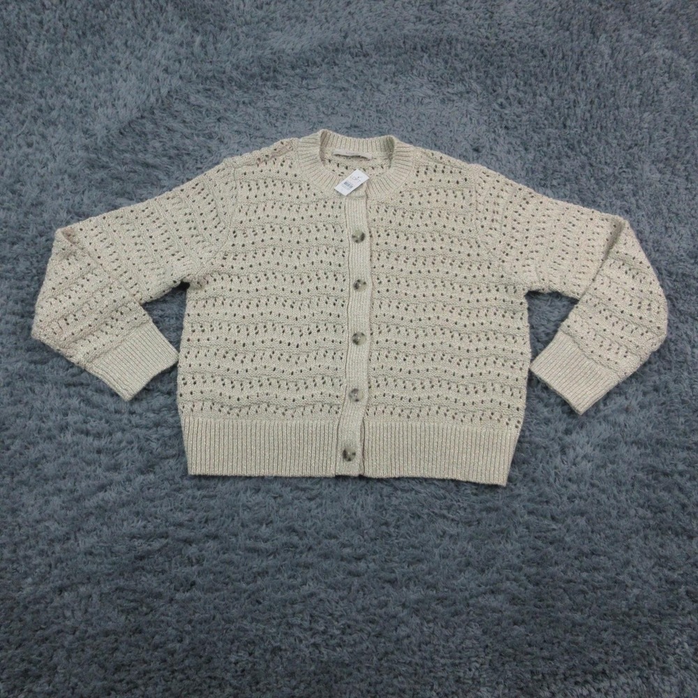 LOFT Cardigan Sweater Womens XL Beige Open Knit Metallic Crewneck Button NWT